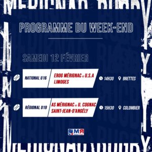 Image bleue avec le programme du club de rugby avec les dates et lieux des matchs. Ciblant les adhérents et amateurs de rugby